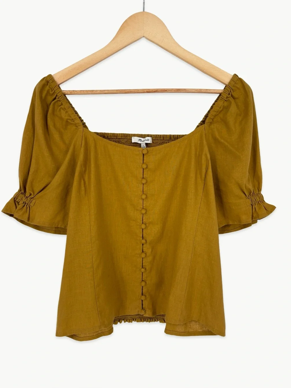 Madewell Button Front Smocked Back Blouse Size 6 Bronzed Lichen Hemp NWT Casual